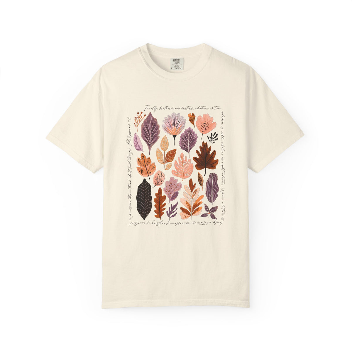 Think About Such Things T-Shirt Autumn Leaves Botanical Christian Tee