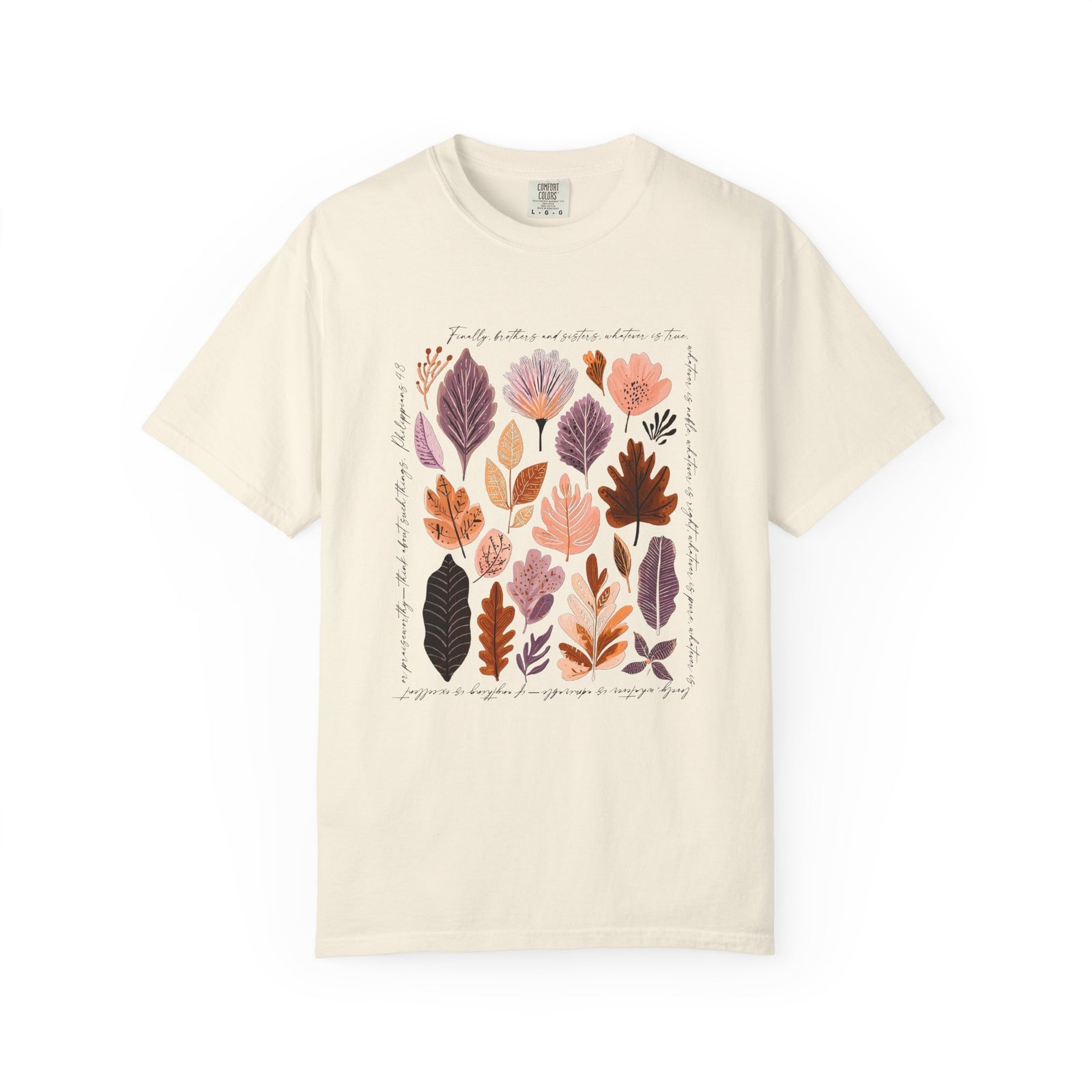 Think About Such Things T-Shirt Autumn Leaves Botanical Christian Tee