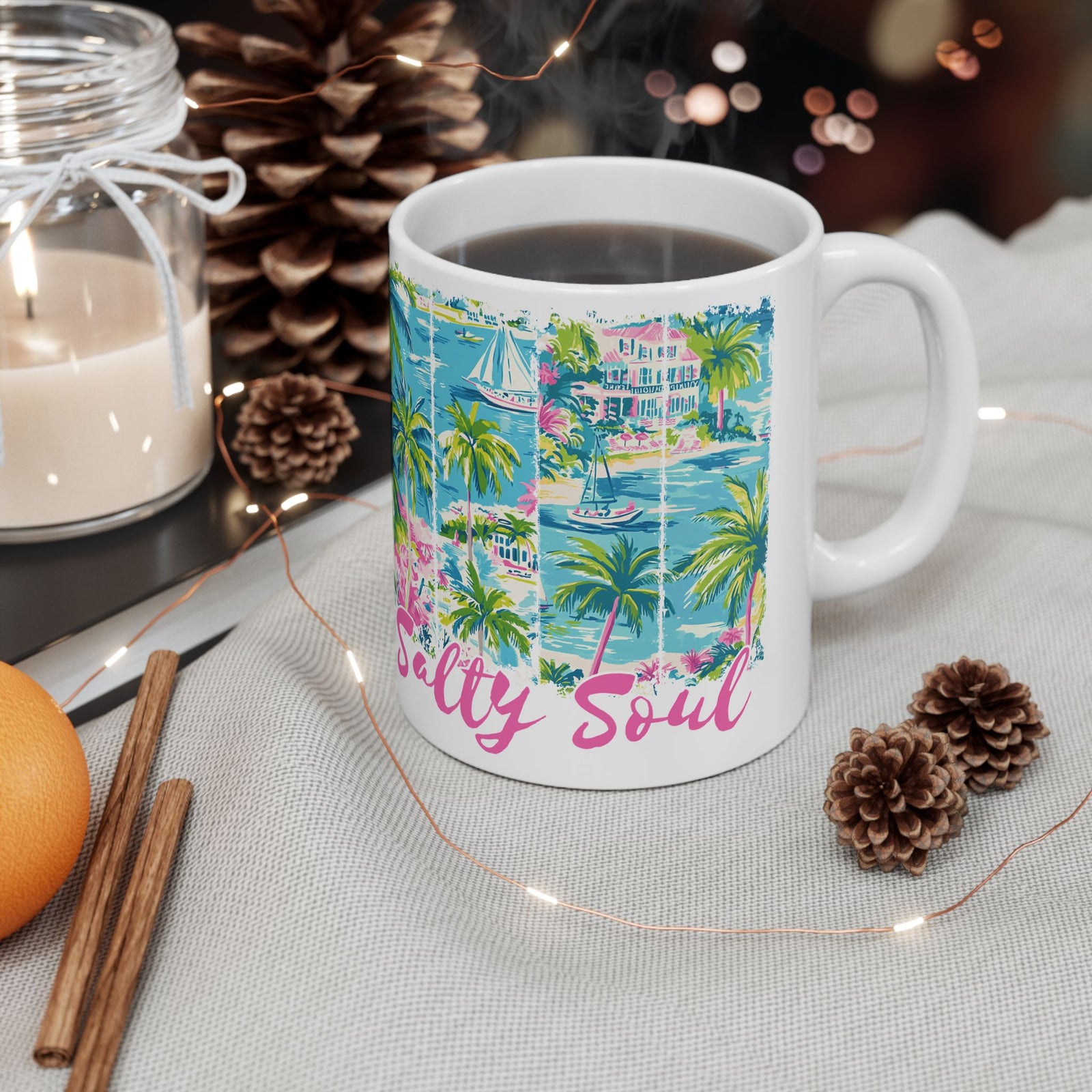 Salty Soul Beachy Palm Print Cute Ceramic Mug Coffee Cup (11oz & 15oz)