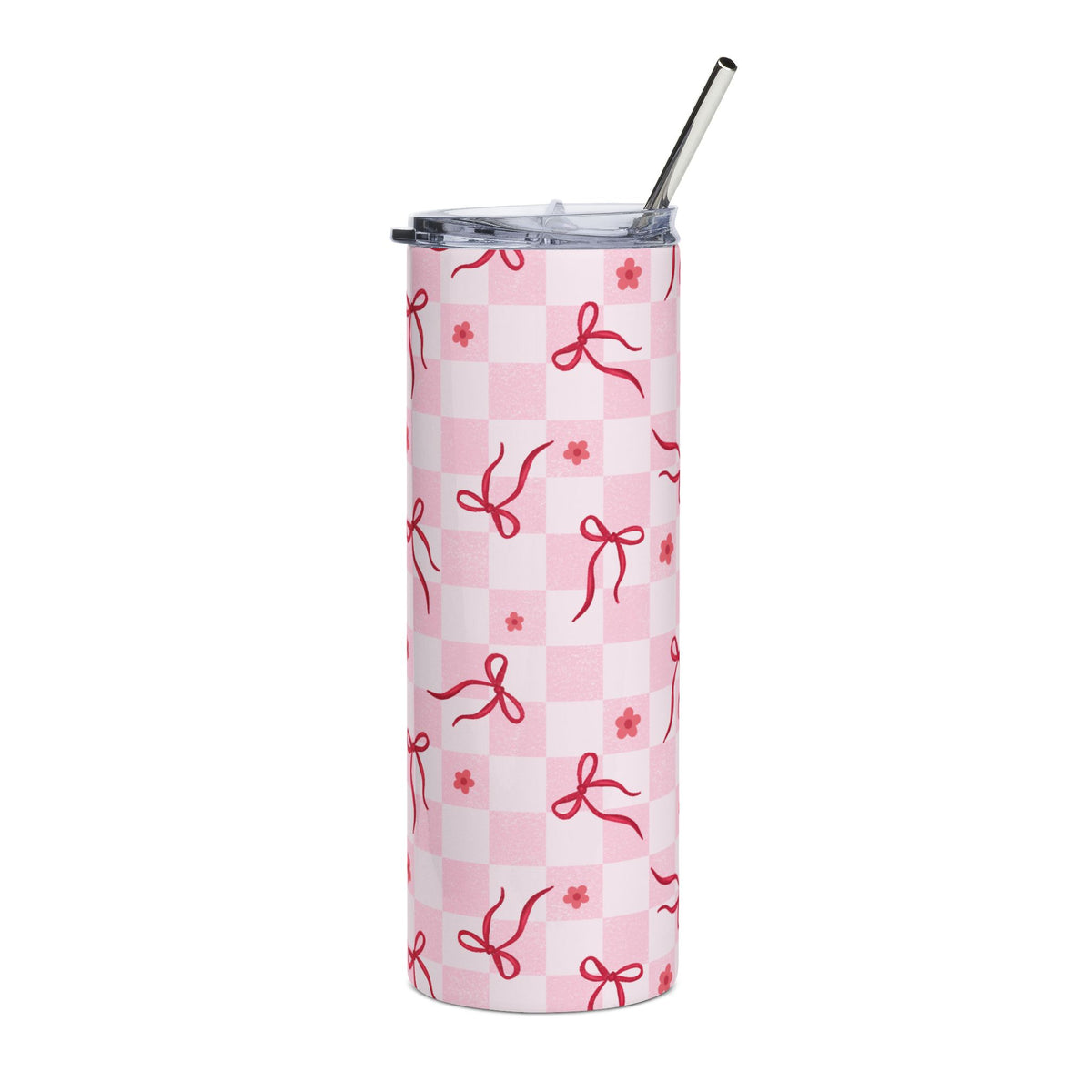 Pink Bow Checkered 20oz Stainless Steel Tumbler Travel Cup Water Bottle