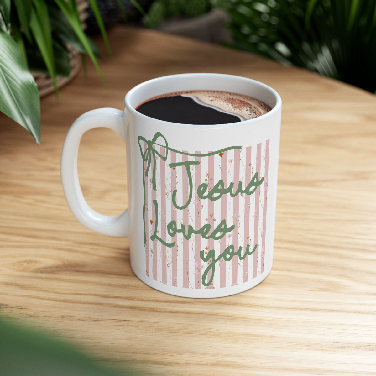 Jesus Loves You Pink Stripe Inspirational Ceramic Mug Coffee Cup (11oz & 15oz)