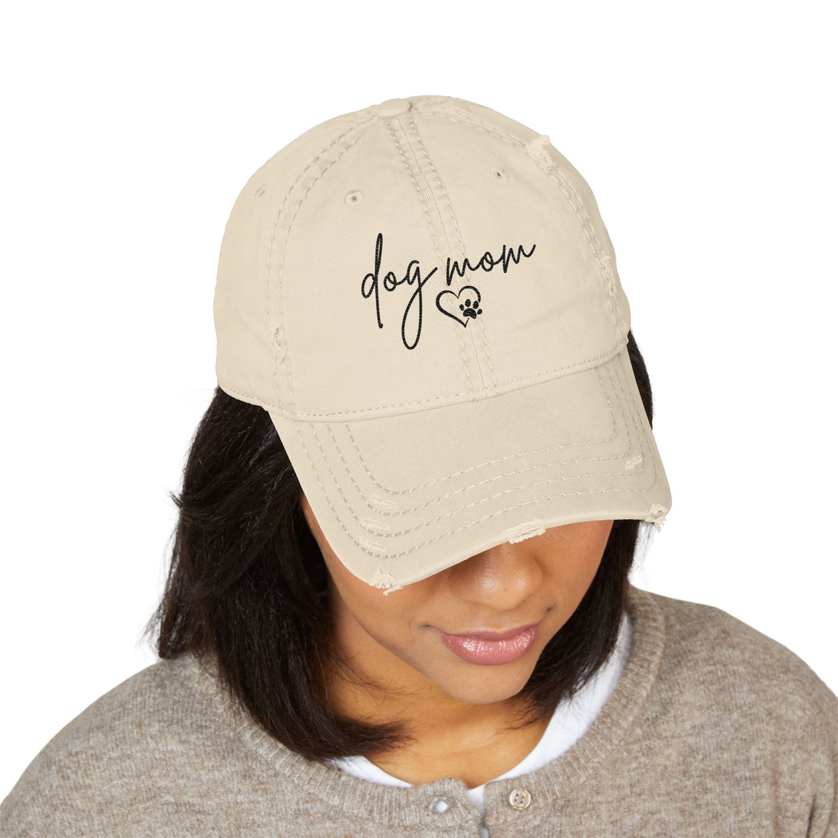 Dog Mom Distressed Dad Hat Khaki — Embroidered Casual Baseball Cap - Sydney So Sweet