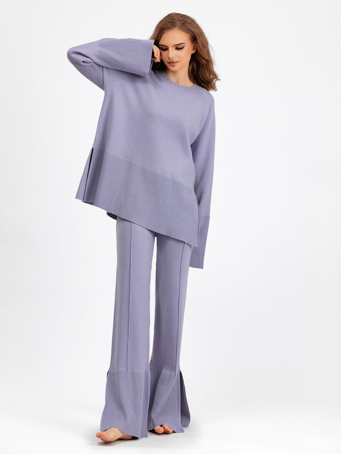 Basic Bae Slit Round Neck Long Sleeve Top and Drawstring Pants Sweater Set - Sydney So Sweet