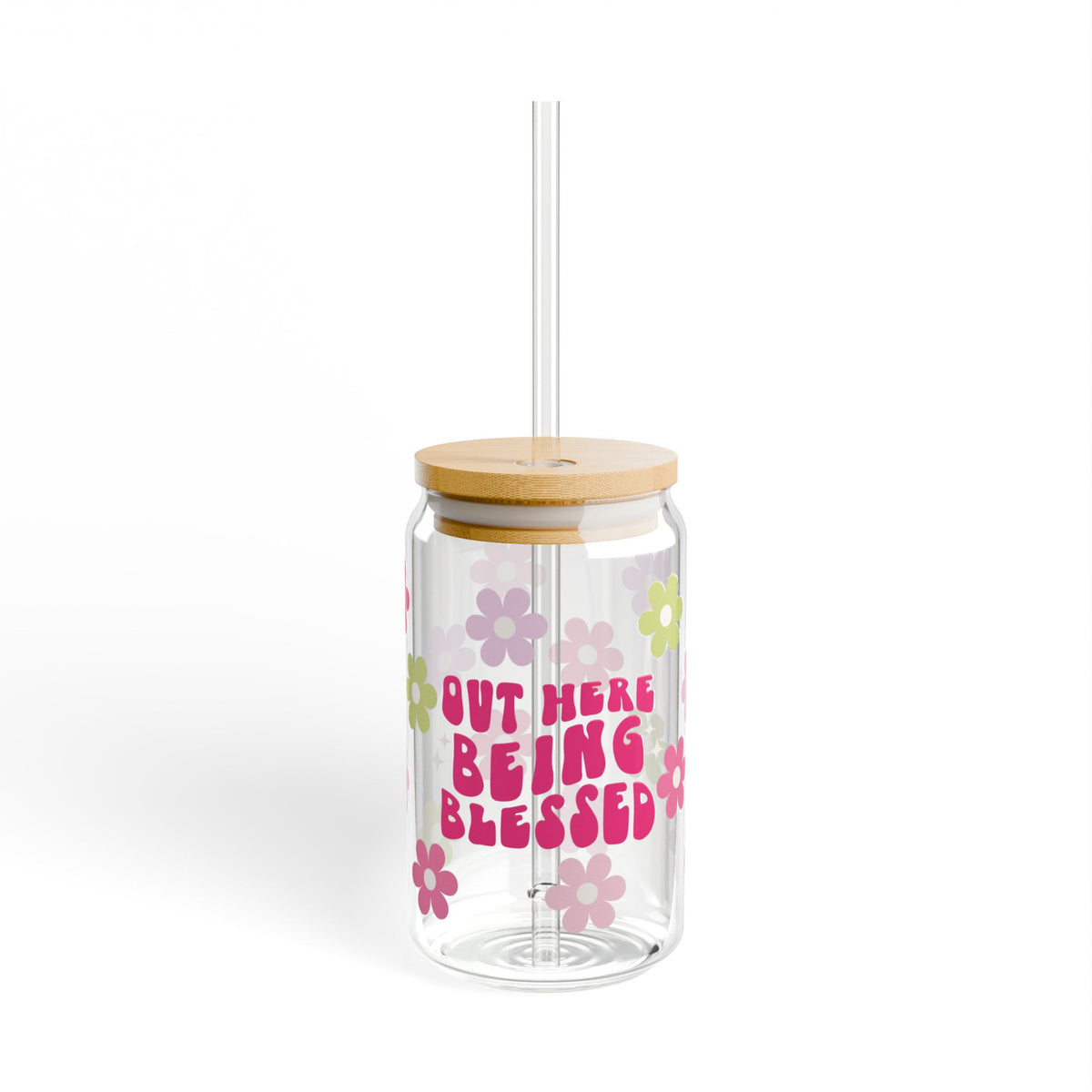 Out Here Being Blessed Retro Floral Sipper Glass 16oz — Reusable Drink Jar with Lid & Straw