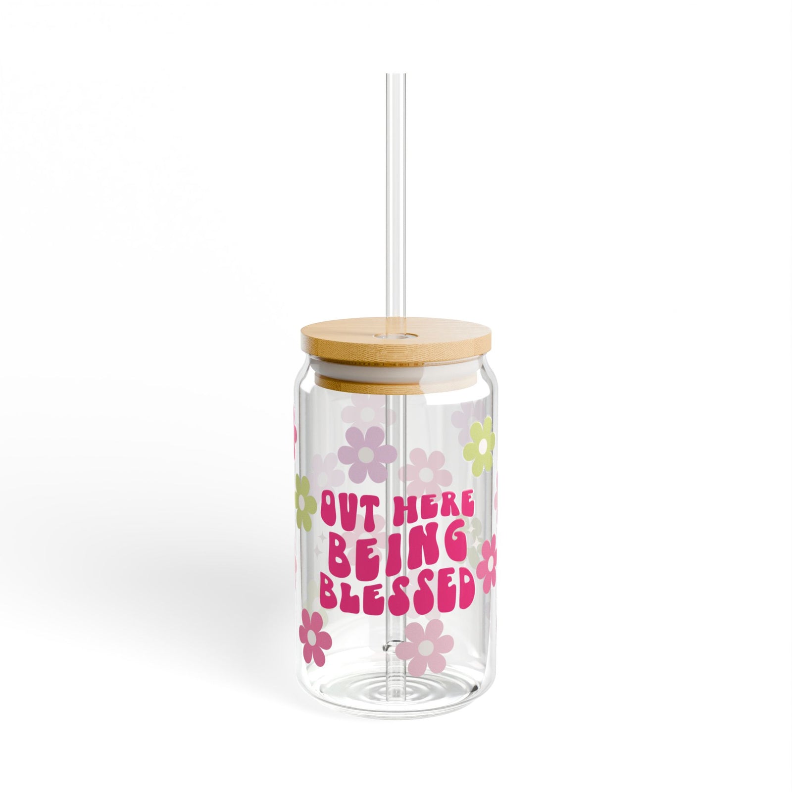 Out Here Being Blessed Retro Floral Sipper Glass 16oz — Reusable Drink Jar with Lid & Straw