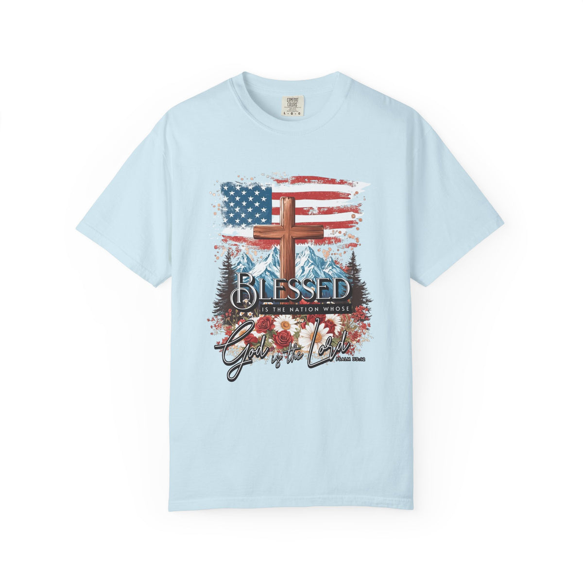 Blessed is the Nation Cross American Flag T-Shirt Christian Patriotic Graphic Tee