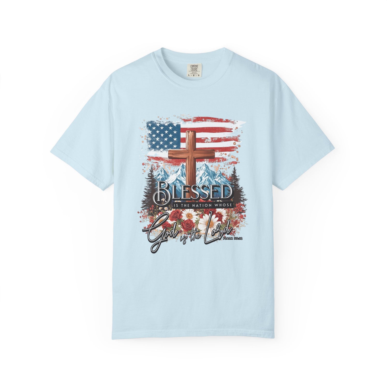 Blessed is the Nation Cross American Flag T-Shirt Christian Patriotic Graphic Tee