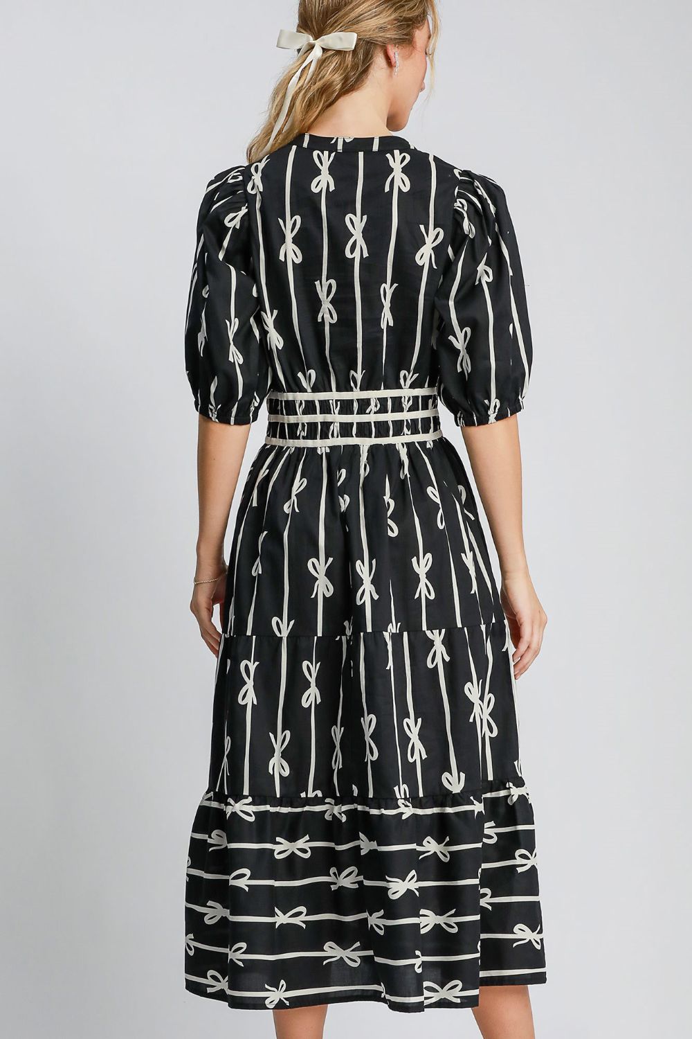 Umgee Bow Tie Print Notched Contrast Velvet Trim Midi Dress - Sydney So Sweet