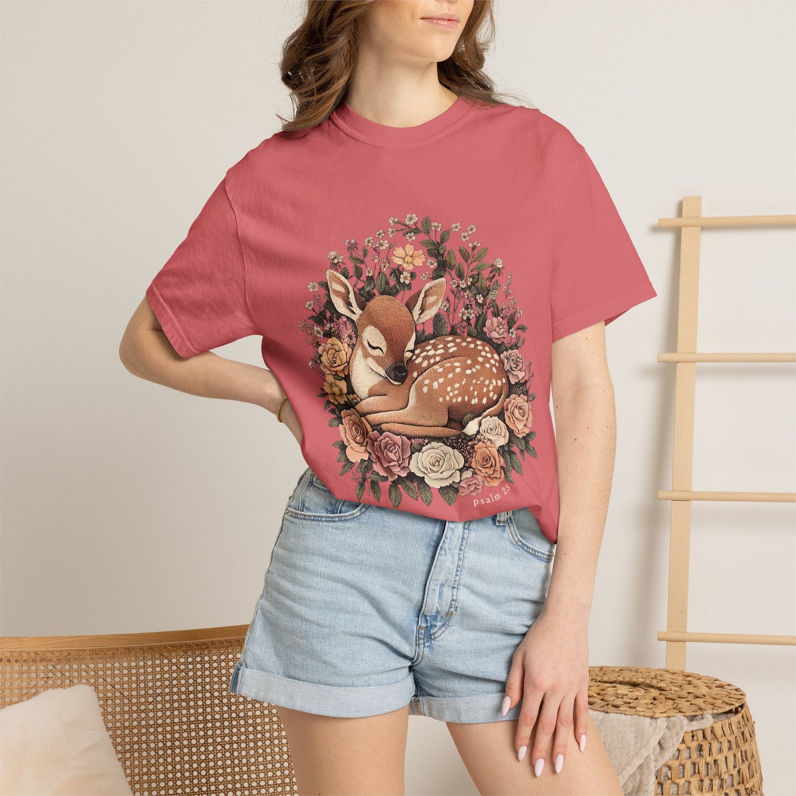 Sleeping Fawn Floral T-Shirt Psalm 23 Inspirational Christian Tee