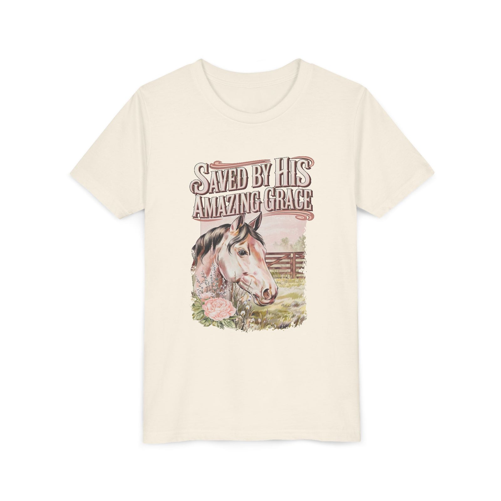 Youth Tee — "Saved By His Amazing Grace" Horse Graphic Christian Shirt