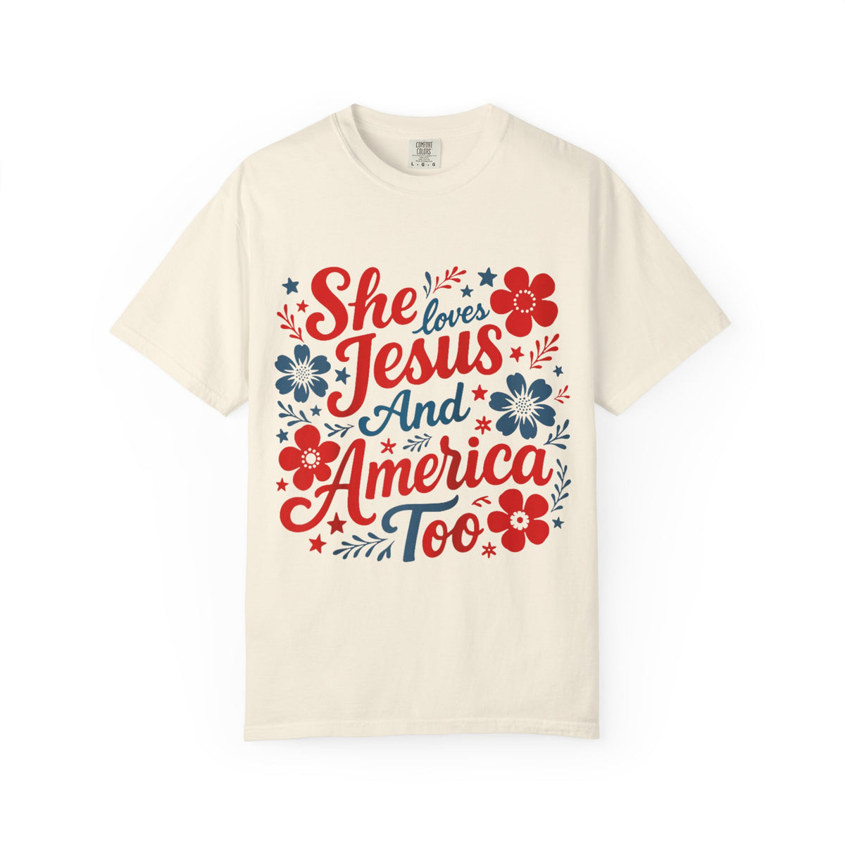 She Loves Jesus and America Too T-Shirt Patriotic Christian Graphic Tee