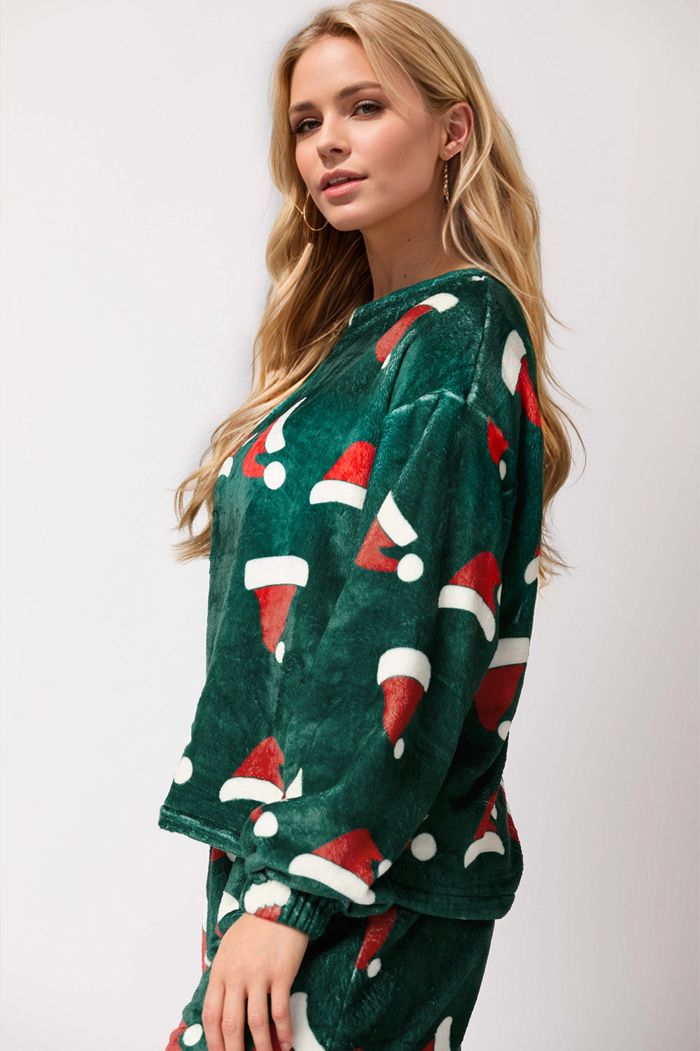 Christmas Hat Pattern Round Neck Long Sleeve Top and Pants Set - Sydney So Sweet