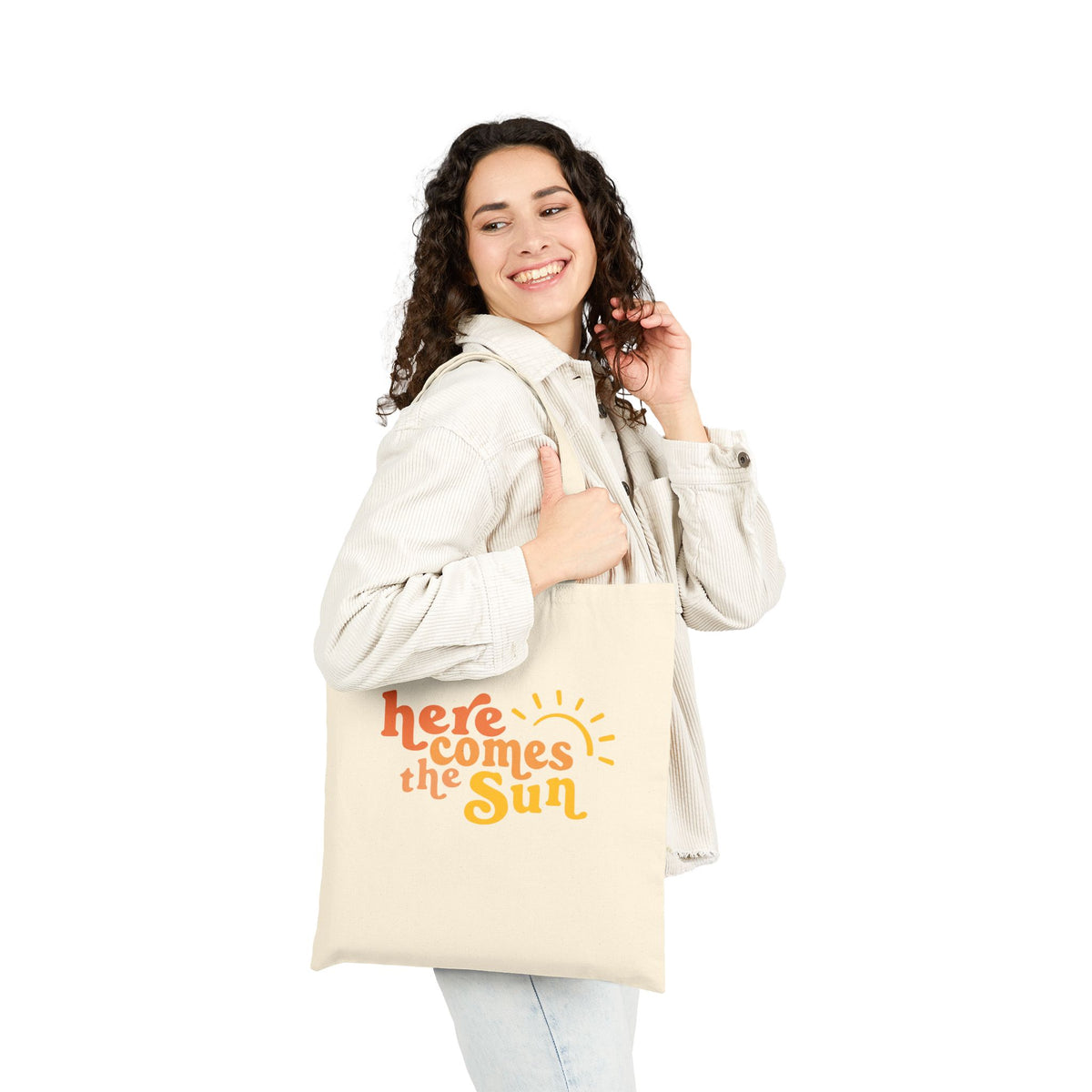 Here Comes the Sun Bright Retro Sun Graphic Cotton Canvas Tote Bag