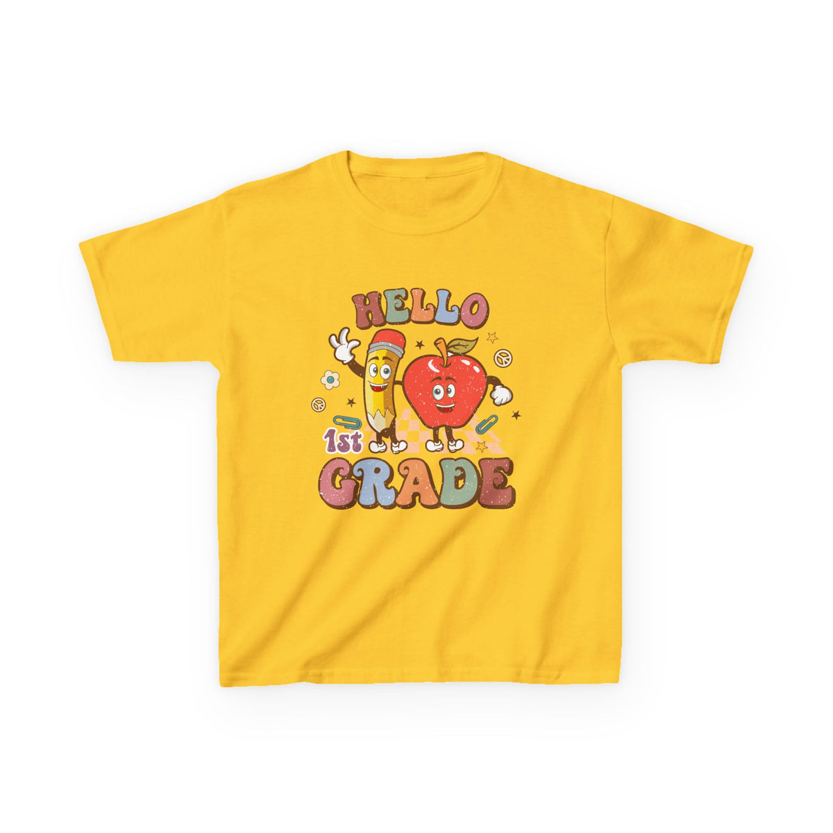 Hello 1st Grade Cute Apple & Pencil Graphic Tee Back-to-School First Grade Kids T-Shirt
