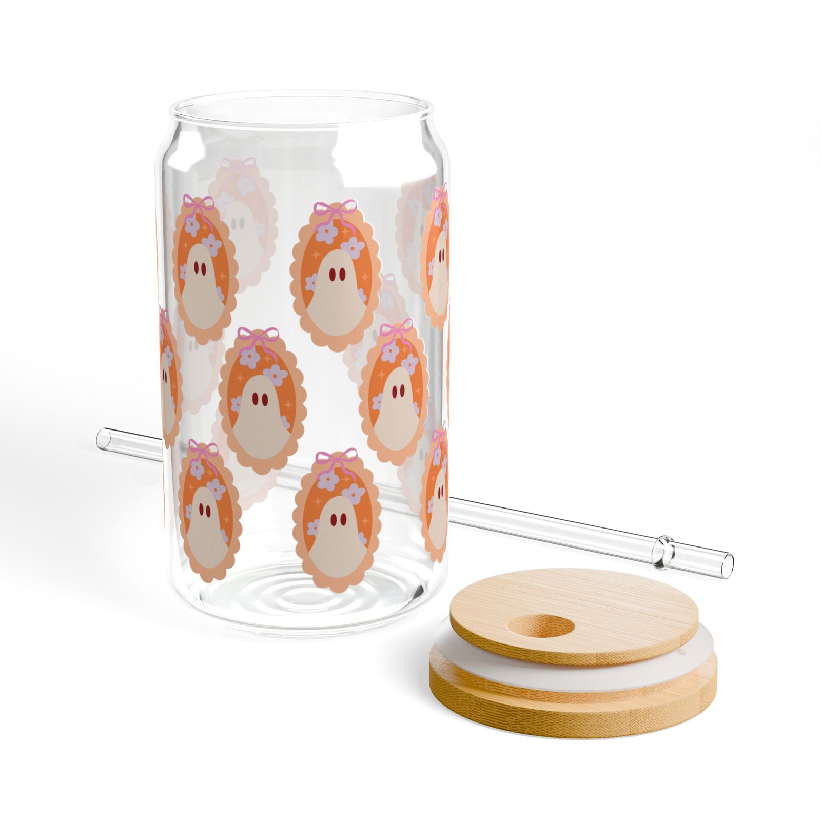 Cute Spooky Boo Halloween Ghost Sipper Glass 16oz Reusable Drink Jar with Lid & Straw