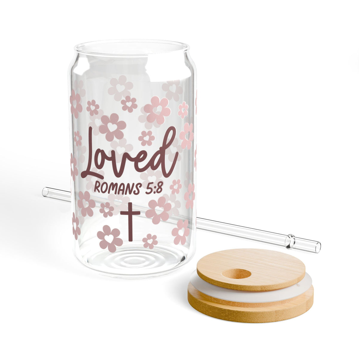 Loved Romans 5:8 Floral Christian Tumbler Sipper Glass 16oz — Reusable Drink Jar with Lid & Straw