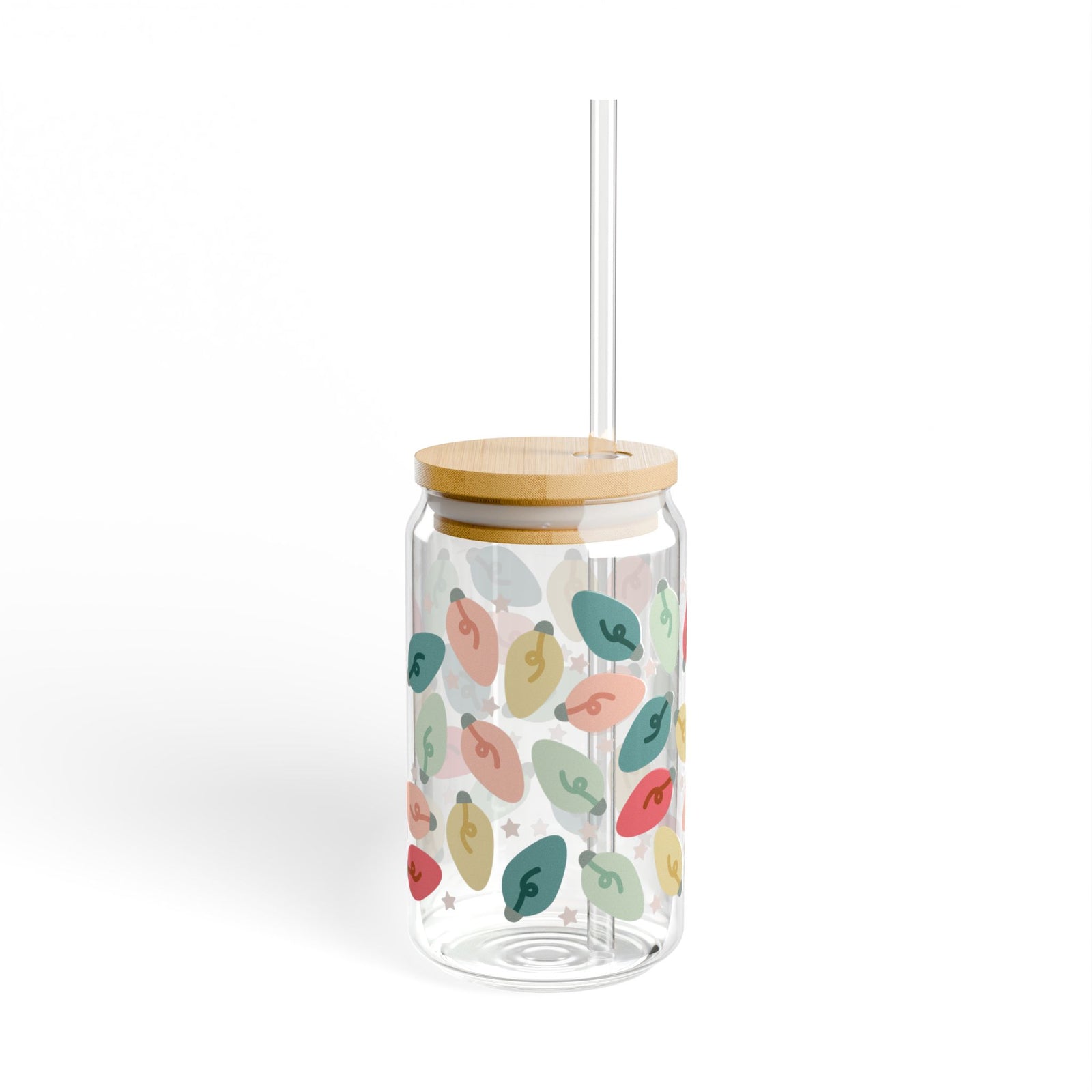Bright Christmas Lights Sipper Glass 16oz Reusable Drink Jar with Lid & Straw