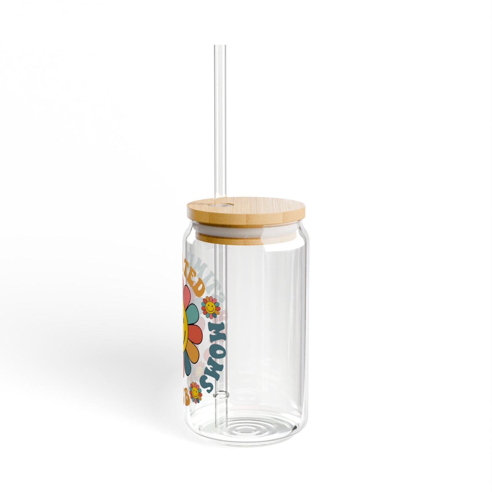 Smiley Flower Overstimulated Moms Club Sipper Glass 16oz Reusable Drink Jar with Lid & Straw