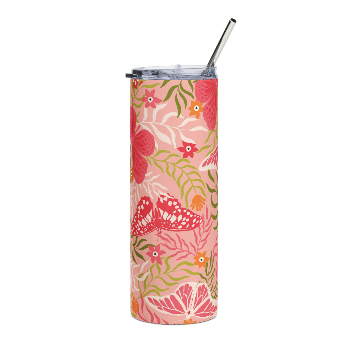 Pink Garden Butterfly 20oz  Stainless Steel Tumbler Travel Cup