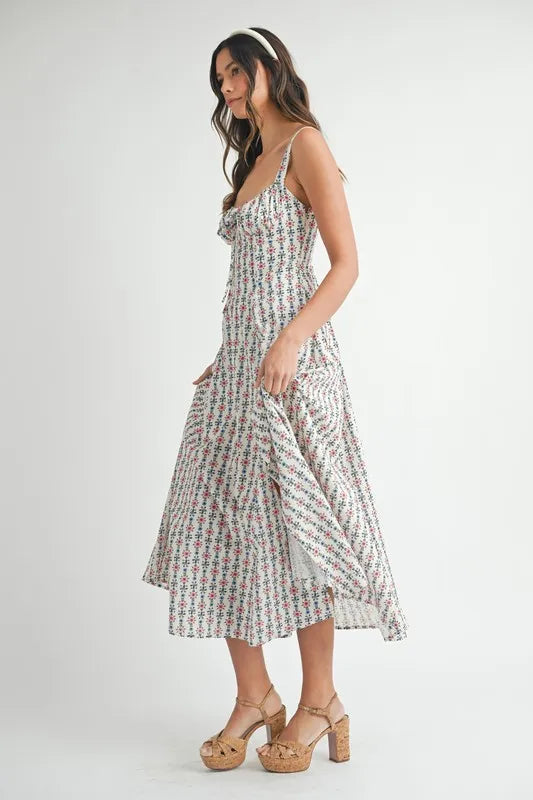 MABLE Floral Print Bustier Back Lace Up Midi Dress - Sydney So Sweet