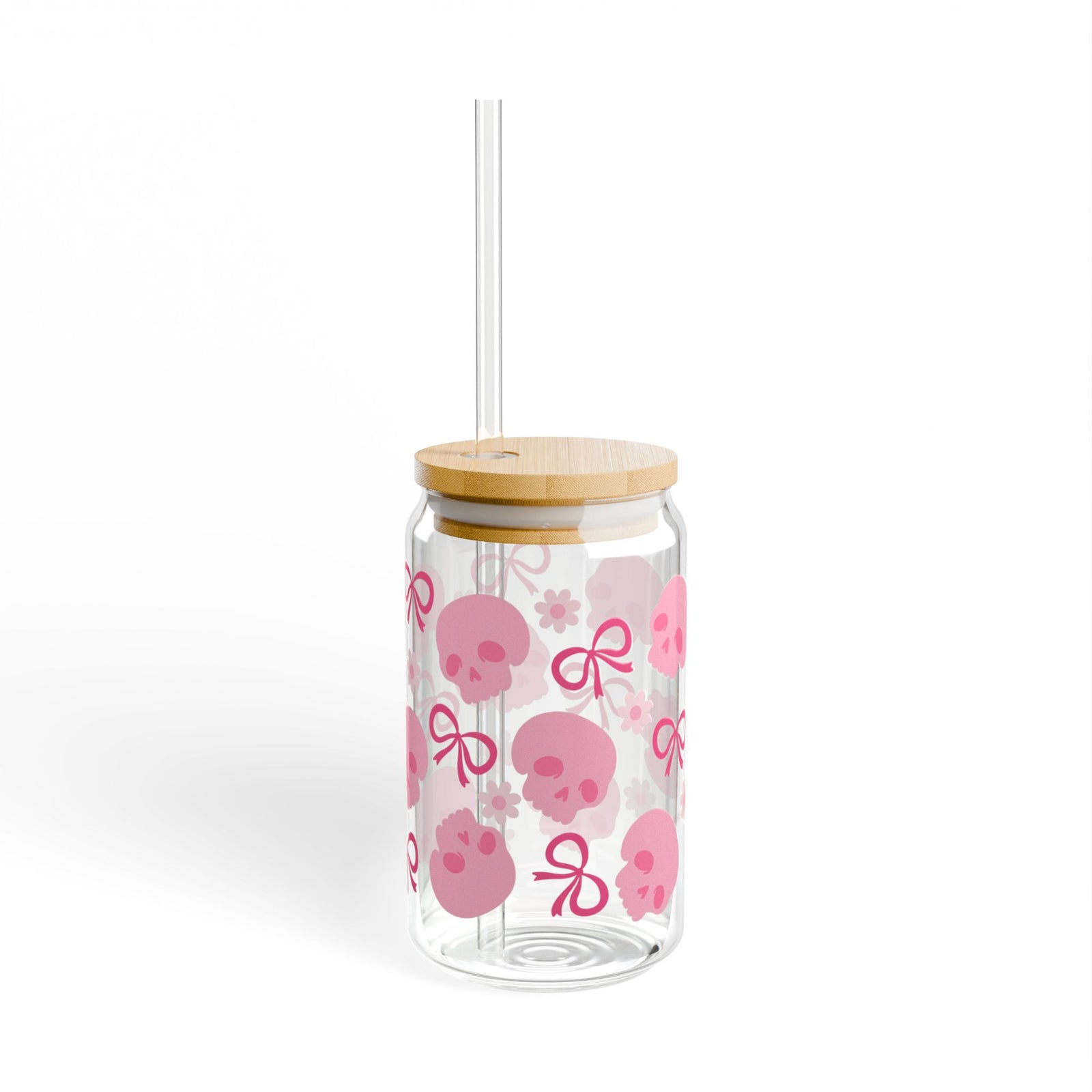 Girly Pink Skull Halloween Sipper Glass 16oz Reusable Drink Jar with Lid & Straw