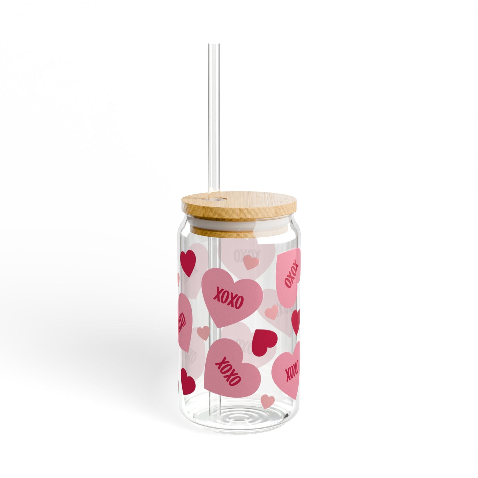 XOXO Hearts Tumbler Sipper Glass 16oz — Reusable Drink Jar with Lid & Straw - Sydney So Sweet