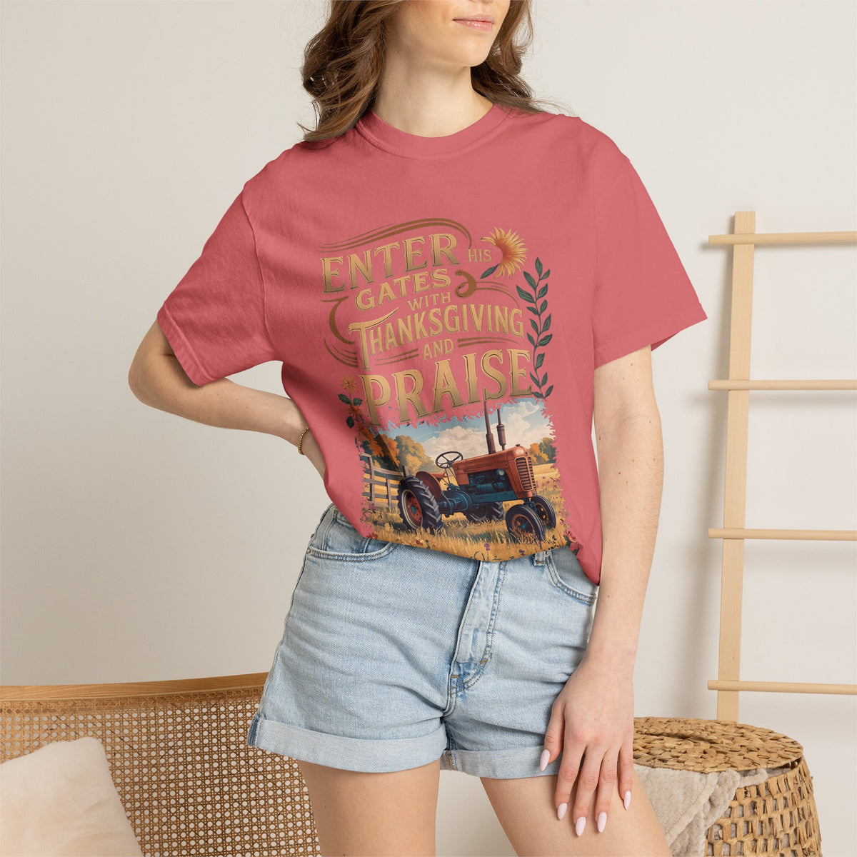 Enter His Gates with Thanksgiving and Praise Tractor T-Shirt Fall Christian Tee