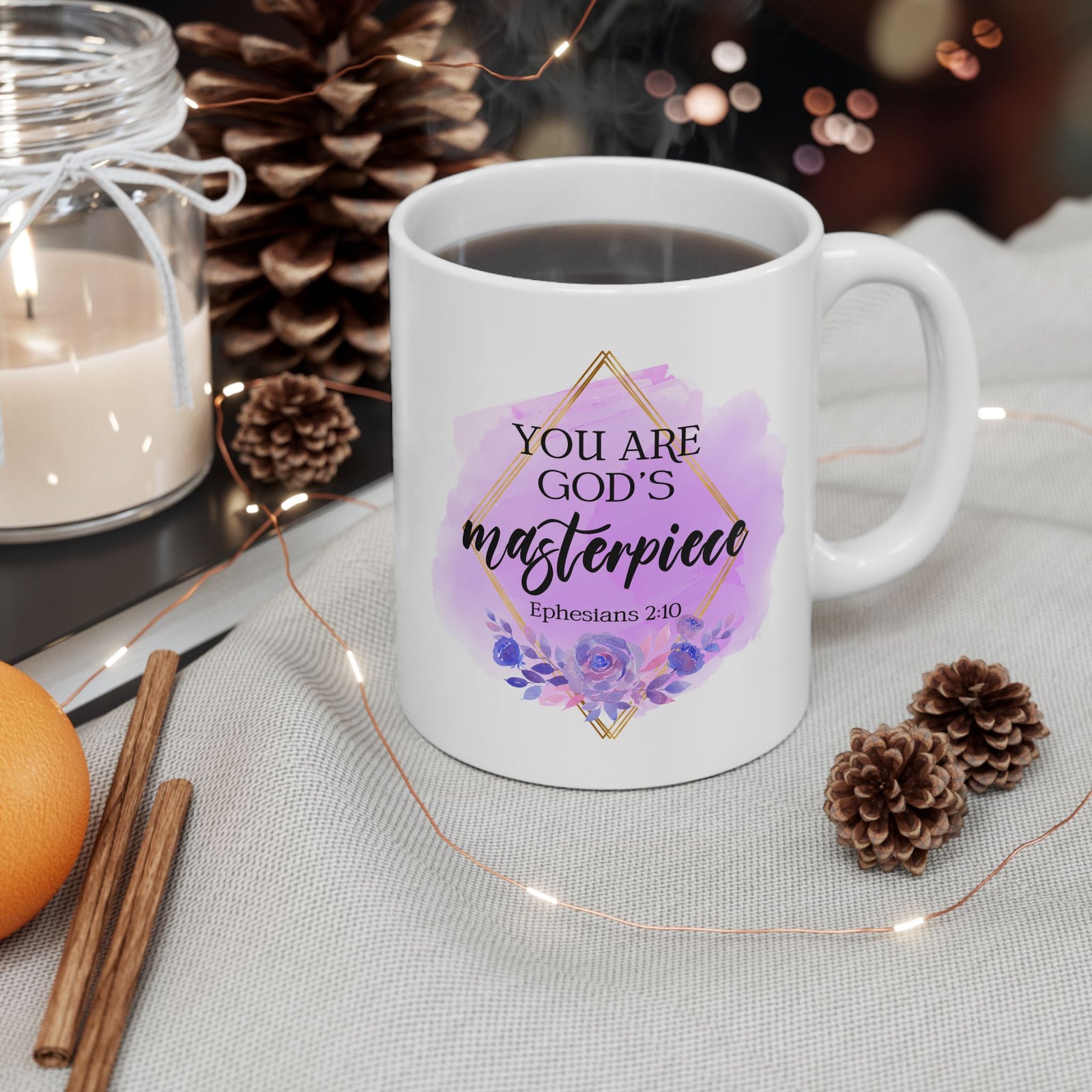Ceramic Mug – Watercolor Floral You Are My God's Masterpiece Ephesians 2:10 Inspirational Coffee Cup (11oz, 15oz)
