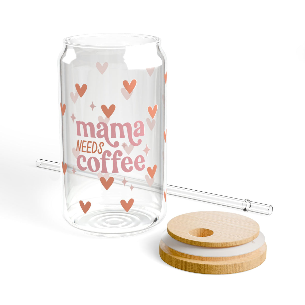 Mama Needs Coffee Hearts Tumbler Sipper Glass 16oz — Reusable Drink Jar with Lid & Straw