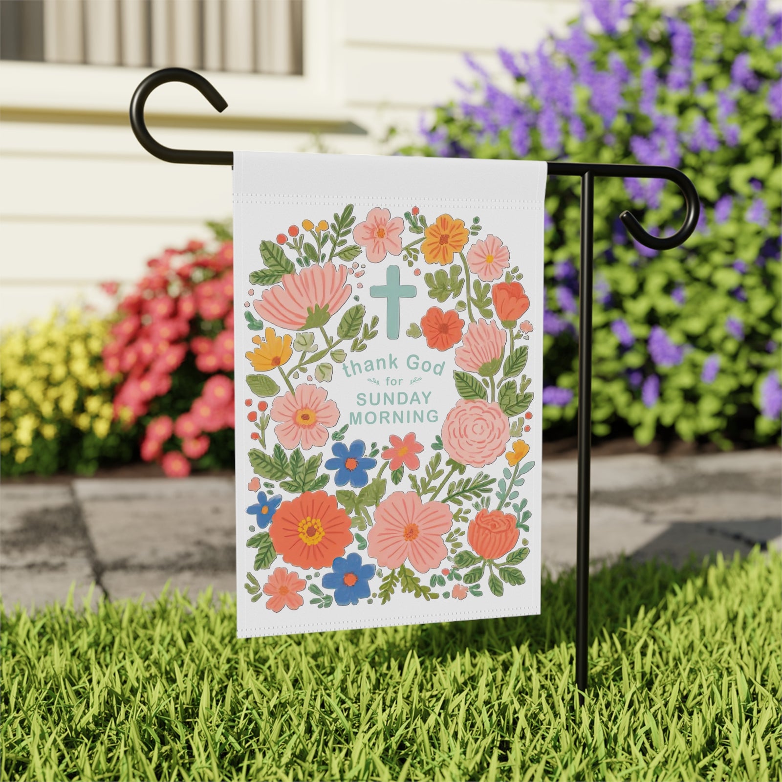 Thank God for Sunday Morning Floral Garden Flag Cross Yard Banner