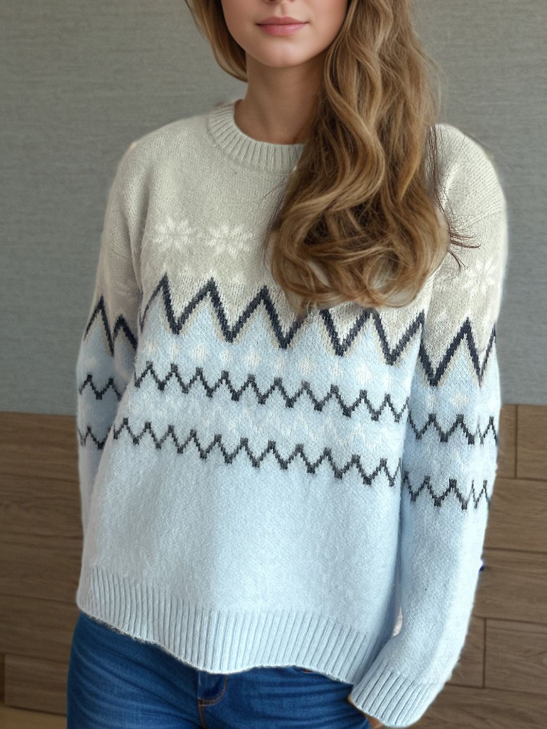 Chevron Contrast Round Neck Long Sleeve Sweater - Sydney So Sweet