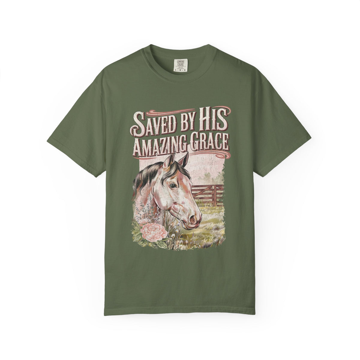 Saved By His Amazing Grace Horse Christian Tee Distressed Graphic T-Shirt