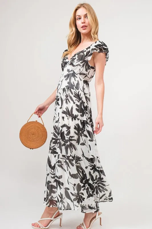 And The Why Ruffled Sleeve Tiered Floral Print Maxi Dress - Sydney So Sweet