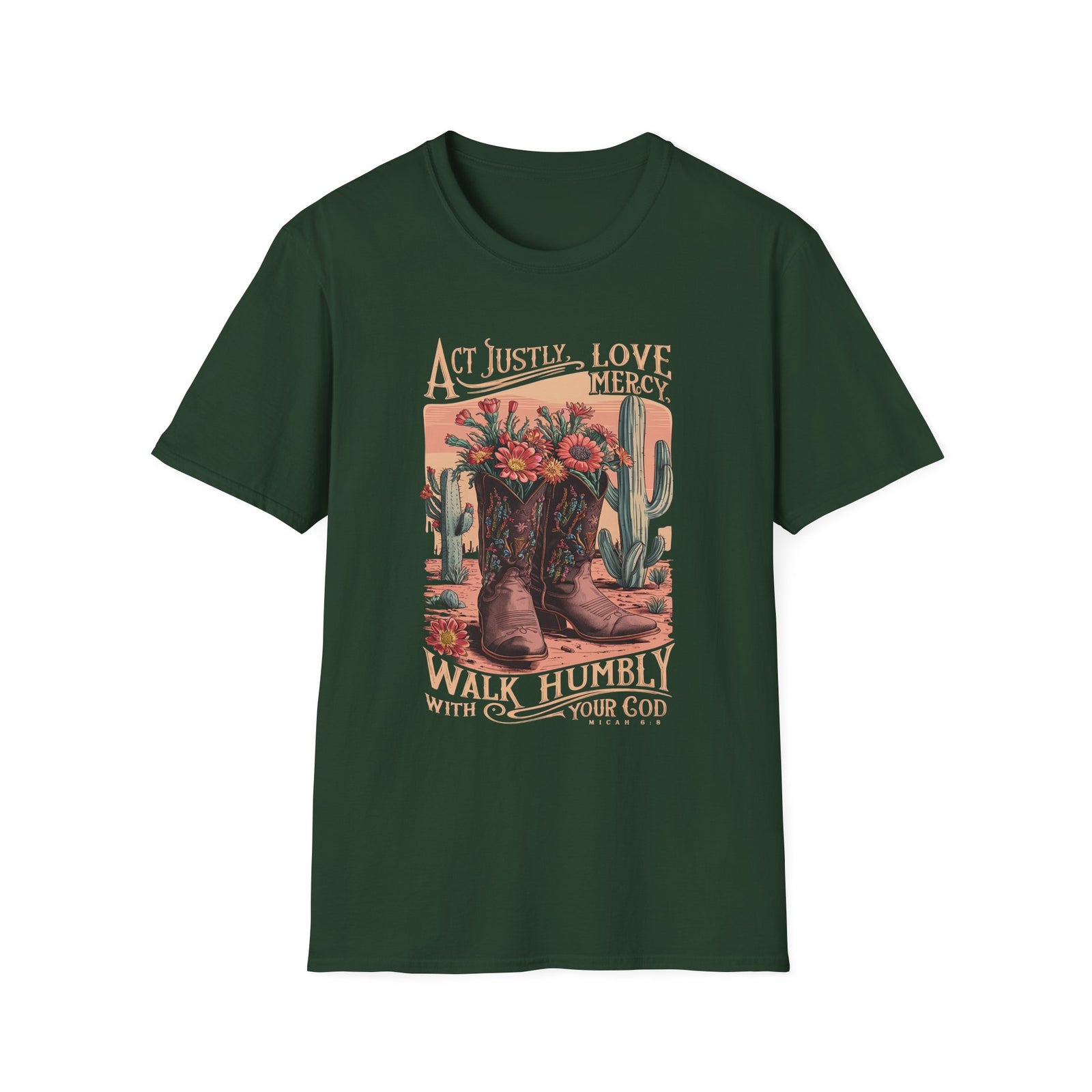 Act Justly Love Mercy T-Shirt Western Cactus Floral Christian Faith Tee
