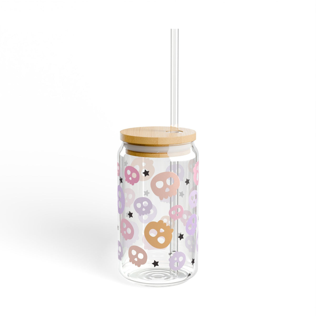 Spooky Pastel Skulls Halloween Sipper Glass 16oz Reusable Drink Jar with Lid & Straw