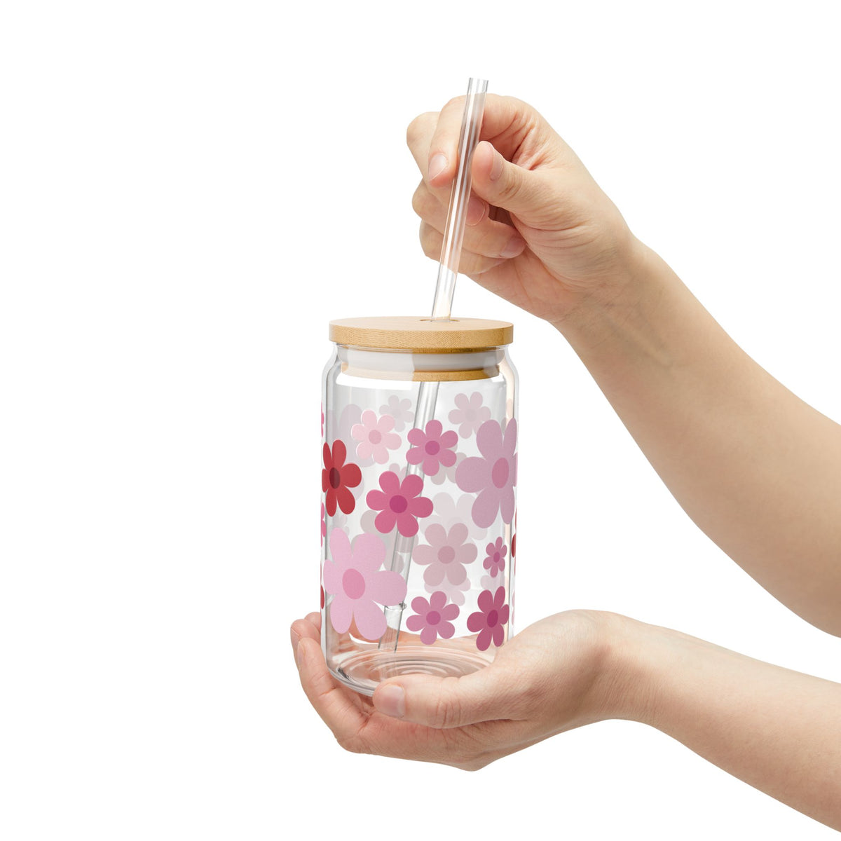 Retro Daisy Heart Bouquet Tumbler Sipper Glass 16oz — Reusable Drink Jar with Lid & Straw - Sydney So Sweet