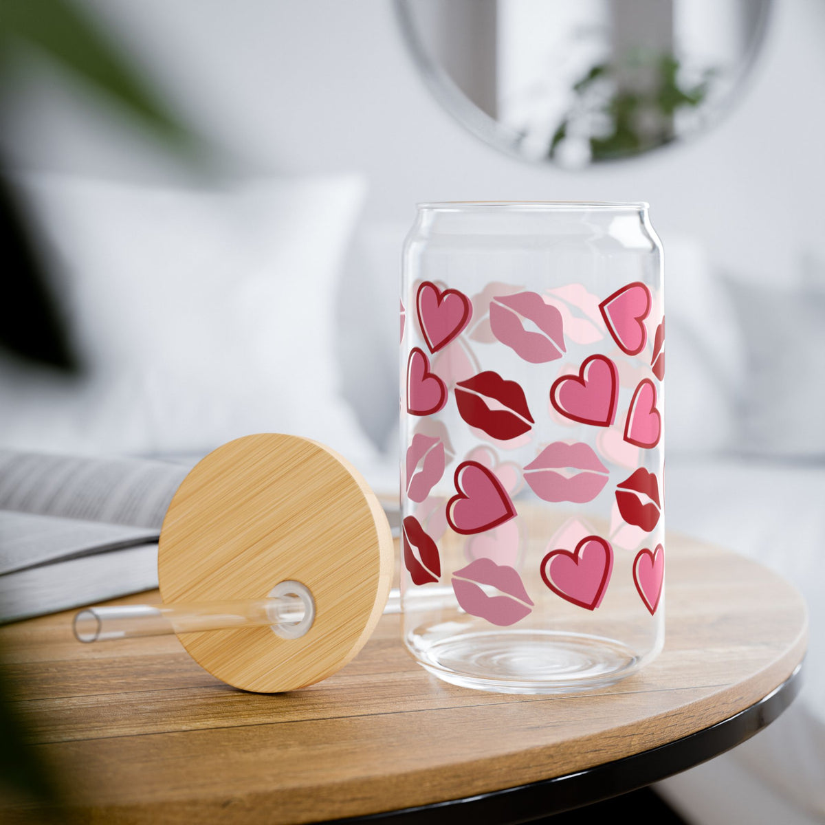 Kisses Lips & Hearts Tumbler Sipper Glass 16oz — Reusable Drink Jar with Lid & Straw