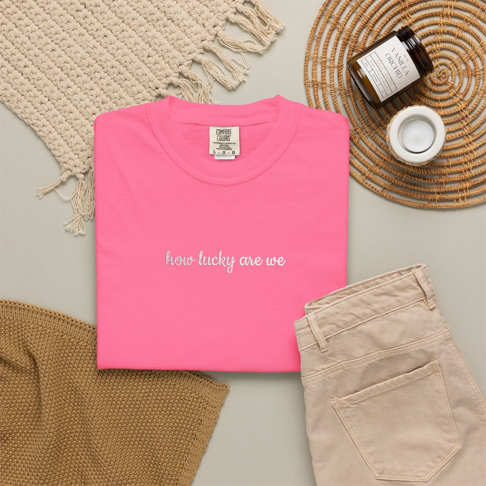 How Lucky are We Embroidered Script Tee Positivity T-Shirt