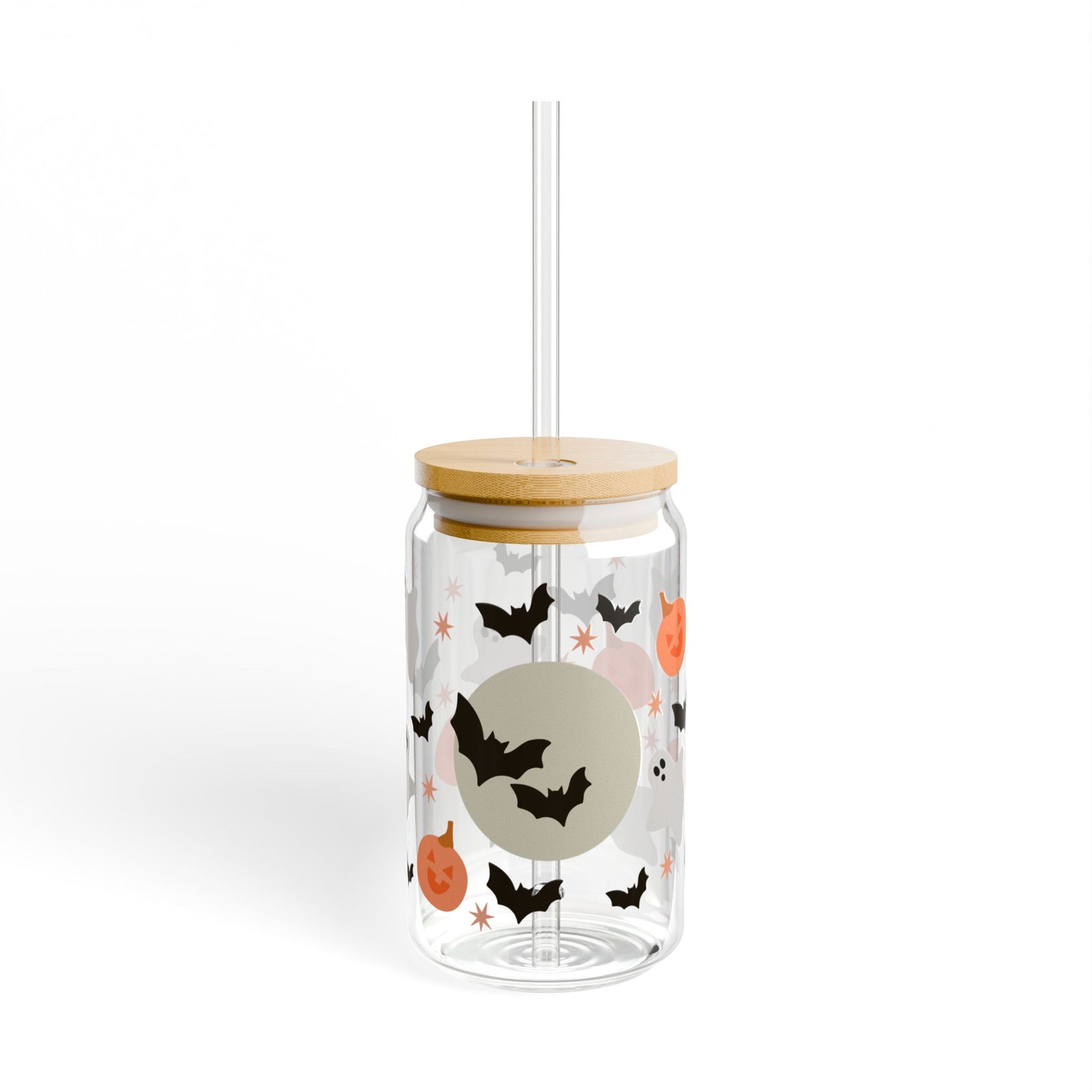 Halloween Bat & Pumpkin Sipper Glass 16oz Reusable Drink Jar with Lid & Straw