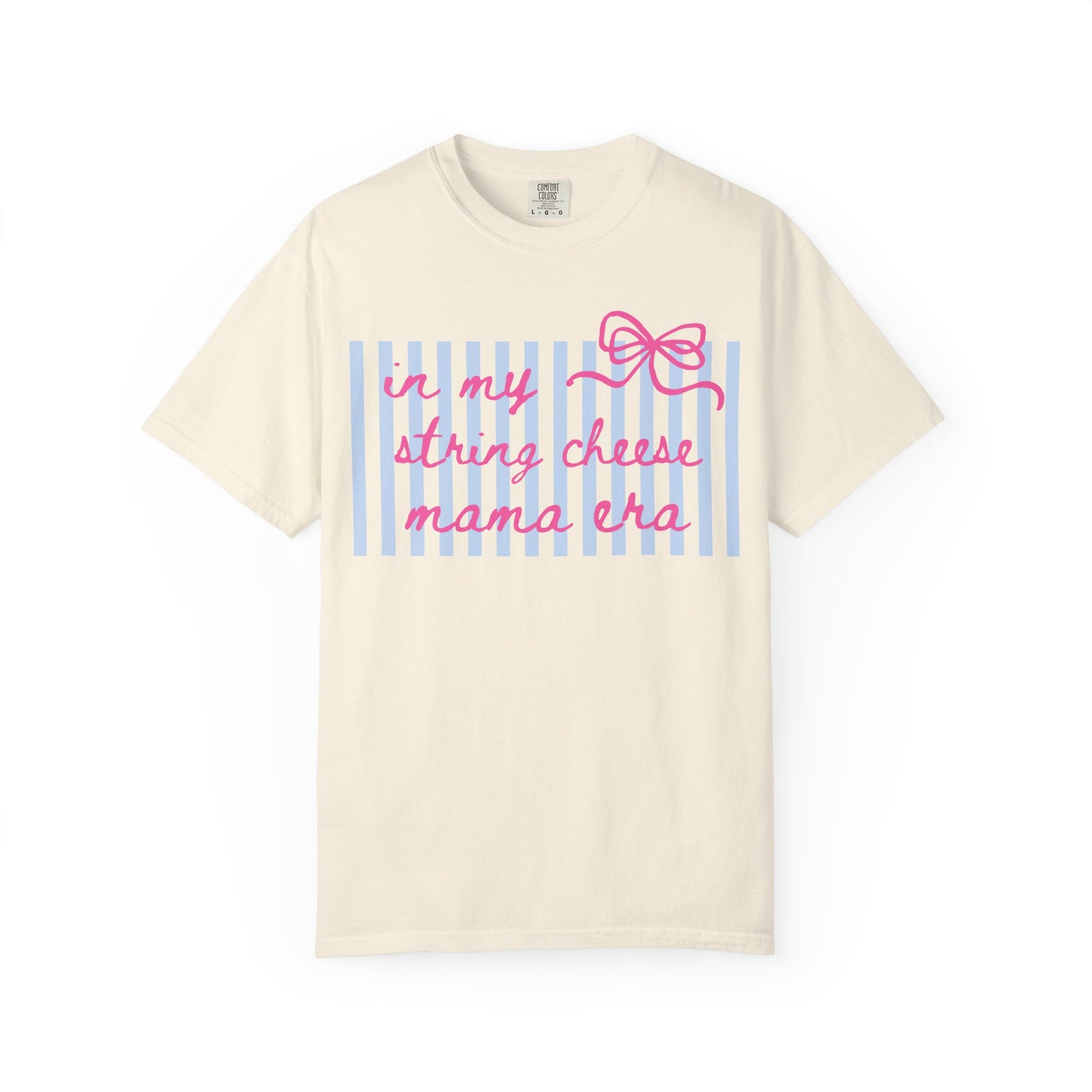 In My String Cheese Mama Era T-Shirt Cute Pink Bow & Blue Stripe Graphic Tee