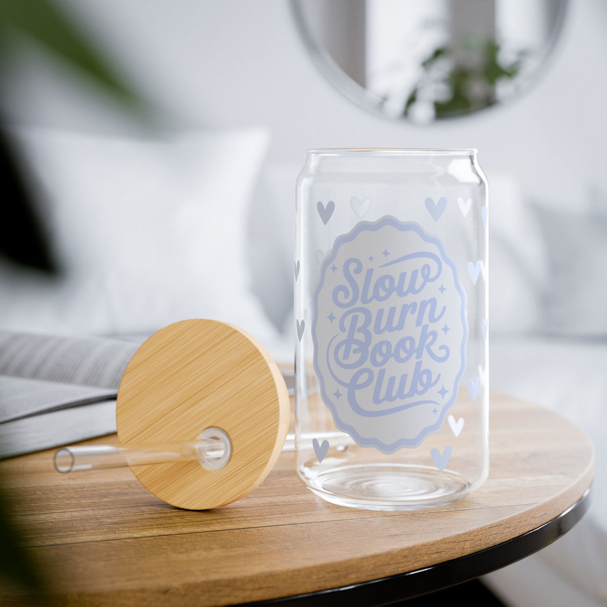 Slow Burn Book Club Tumbler Sipper Glass 16oz — Reusable Drink Jar with Lid & Straw