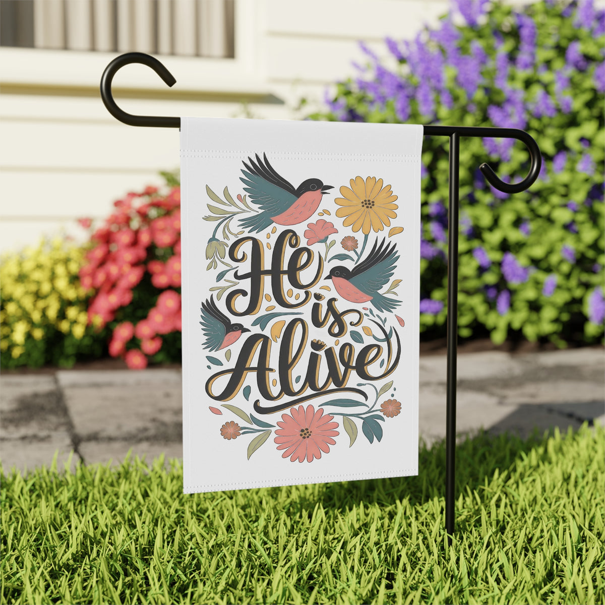 He Is Alive Garden Flag Floral Christian Easter Spring Bird House Banner