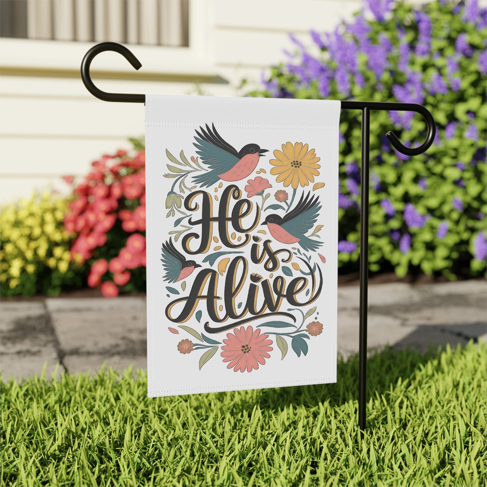 He Is Alive Garden Flag Floral Christian Easter Spring Bird House Banner