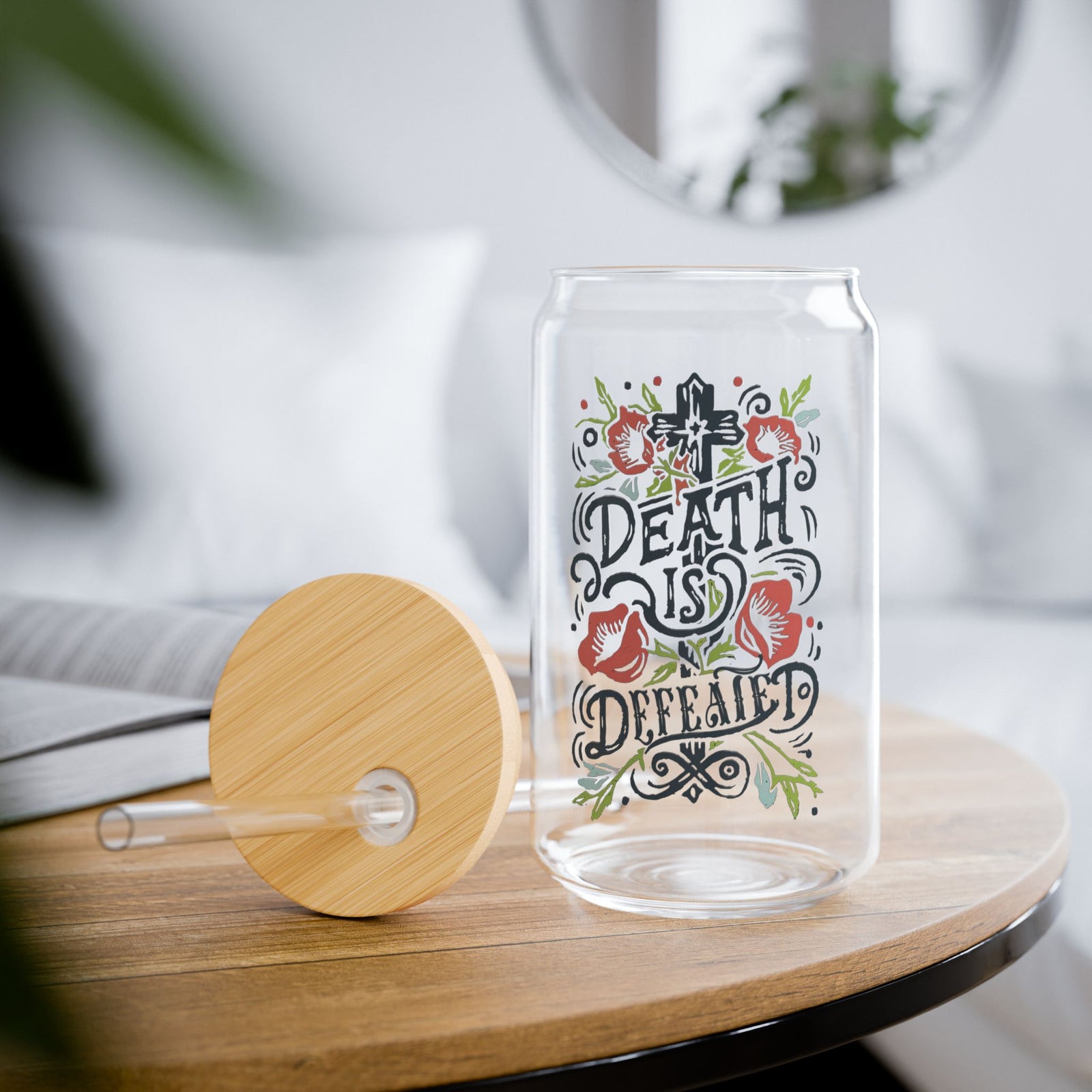 Death Is Defeated Christian Sipper Glass 16oz Reusable Drink Jar with Lid & Straw