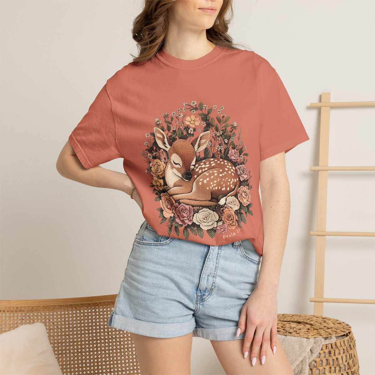 Sleeping Fawn Floral T-Shirt Psalm 23 Inspirational Christian Tee