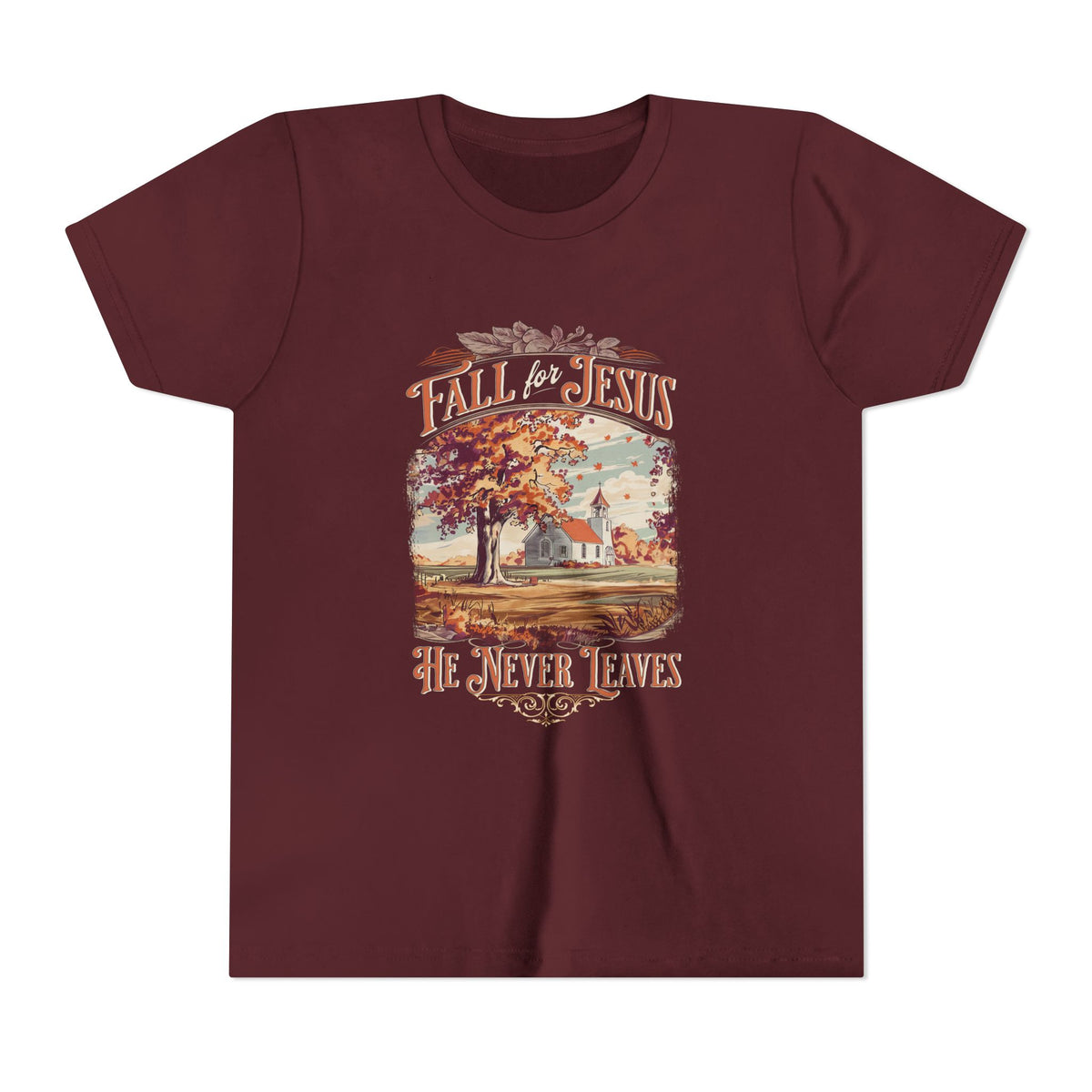 Fall for Jesus Kids T-Shirt He Never Leaves Youth Christian Graphic Tee
