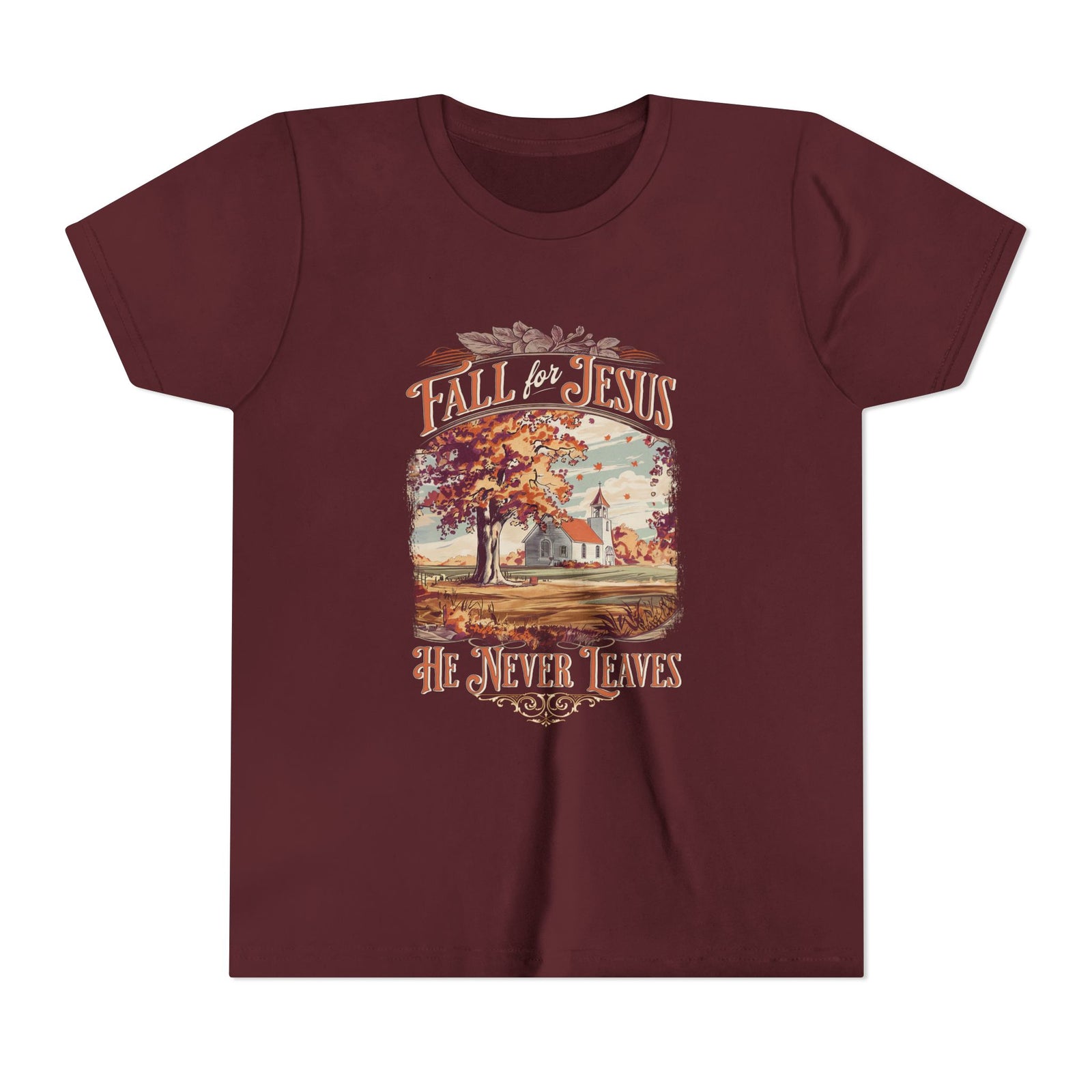 Fall for Jesus Kids T-Shirt He Never Leaves Youth Christian Graphic Tee