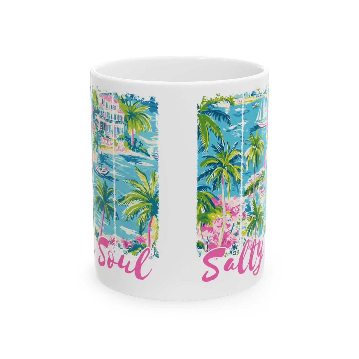 Salty Soul Beachy Palm Print Cute Ceramic Mug Coffee Cup (11oz & 15oz)