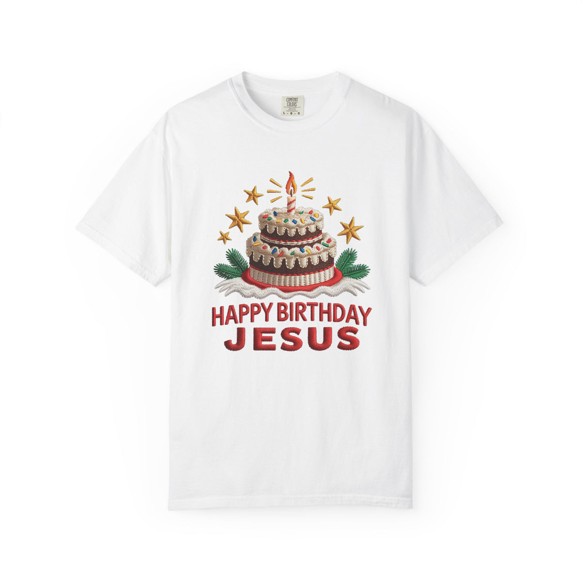 Happy Birthday Jesus Birthday Cake Faux Embroidery Tee Christmas Graphic T-Shirt