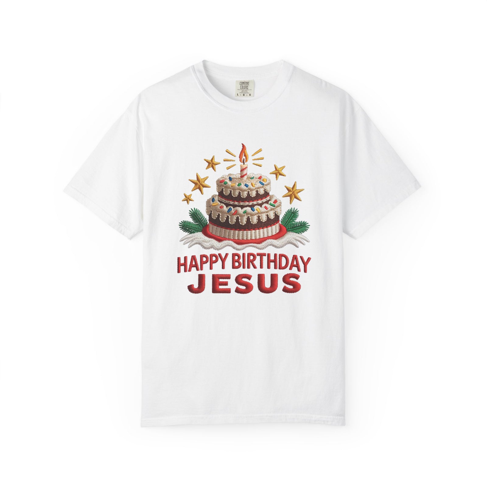 Happy Birthday Jesus Birthday Cake Faux Embroidery Tee Christmas Graphic T-Shirt